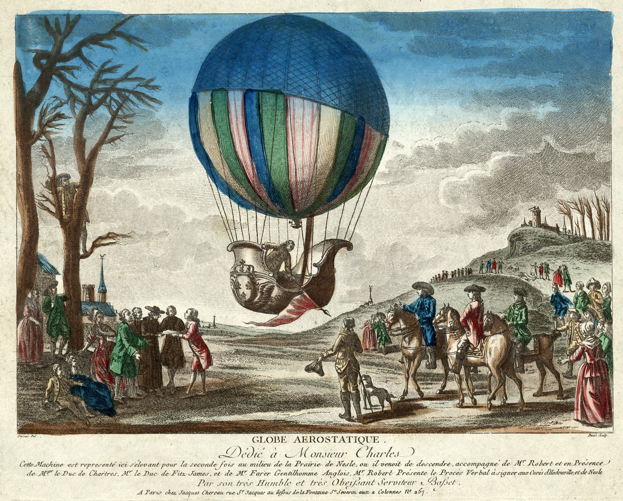 Globe Aërostatique ، مخصصة للسيد Monsieur Charles ، الحانة. 1783 (نقش يدوي) بواسطة المدرسة الفرنسية