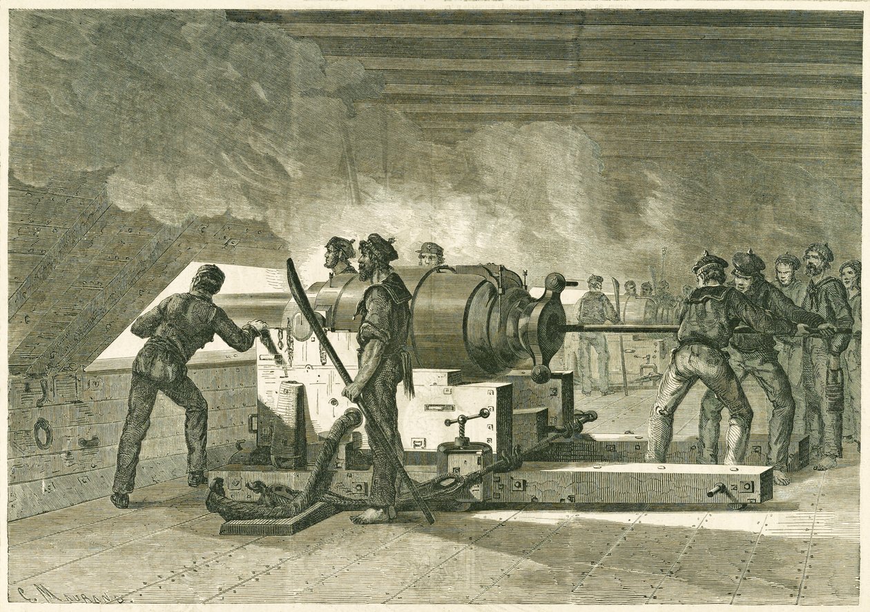 الجزء الداخلي من بطارية Merrimac ، أثناء القتال مع الشاشة ، تم نشره 1862-1865 (نقش الخشب) بواسطة المدرسة الفرنسية