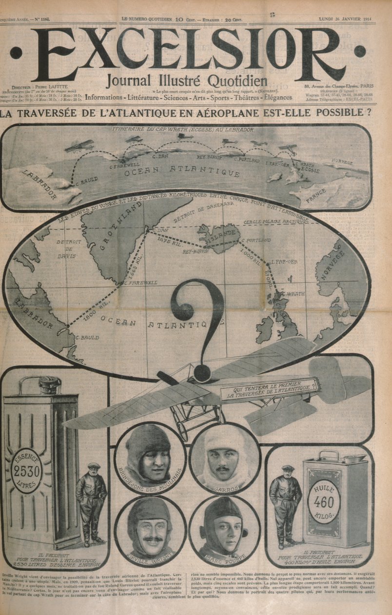 هل عبور الأطلسي بالطائرة ممكن ؟، غلاف مجلة Excelsior ، 26 أكتوبر 1914 بواسطة المدرسة الفرنسية