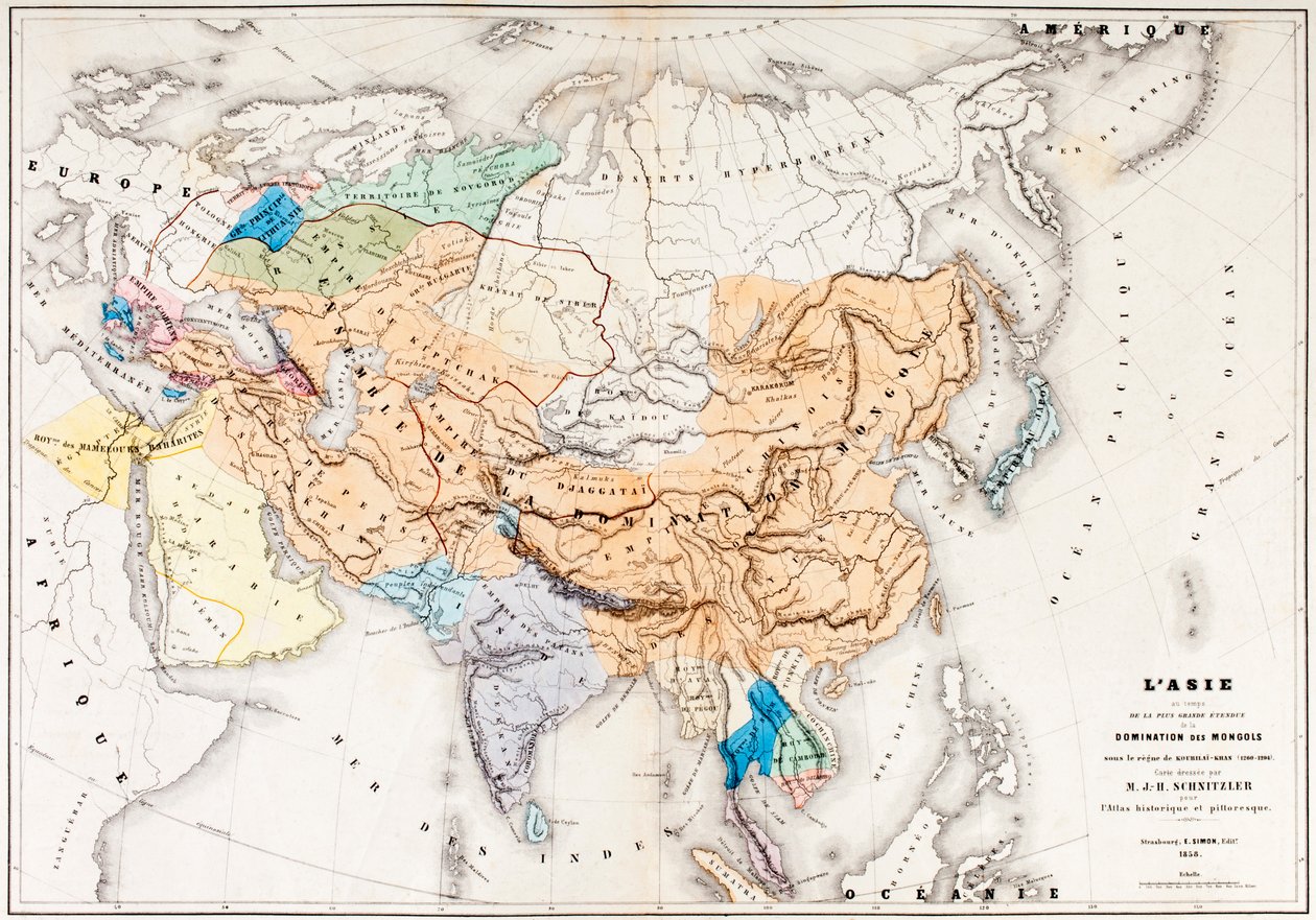 خريطة آسيا في وقت أكبر مدى لهيمنة المغول في عهد قوبلاي خان ، من LHistoire Universelle Ancienne et Moderne ، نُشرت في ستراسبورغ c.1860 (ملون بواسطة المدرسة الفرنسية