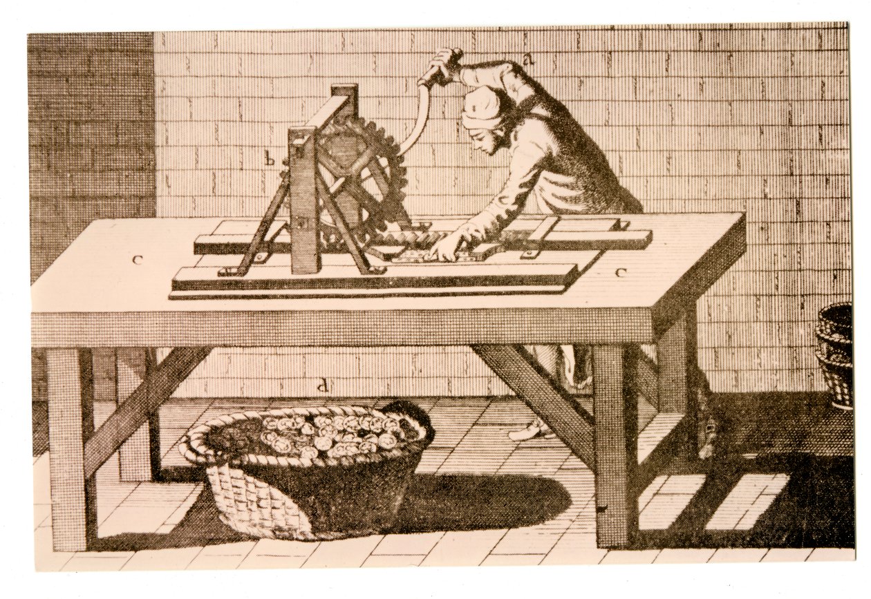 وضع علامة على حافة العملات المعدنية باستخدام آلة تمييز الحافة المتوازية ، من Encyclopédie بواسطة Denis Diderot و Jean le Rond dAlembert ، 1771 بواسطة المدرسة الفرنسية