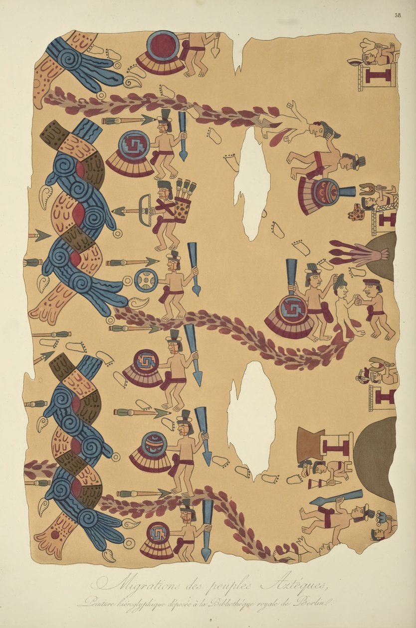 هجرة شعوب الأزتيك ، الرسم الهيروغليفي المحفوظ في المكتبة الملكية ، برلين ، التوضيح من مناظر كورديراس وآثار الشعوب الأصلية في أمريكا بقلم ألكسندر فون هم بواسطة المدرسة الفرنسية