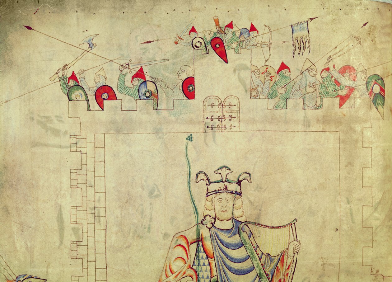السيدة 1215 t.3 fol.13v الملك ديفيد جالسًا في جلالة في وسط القدس ، تفاصيل الجنود على الأسوار ، من الكتاب المقدس للقديس إتيان هاردينج بواسطة المدرسة الفرنسية