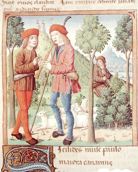 السيدة 493 fol.8r لقاء بين الرعاة ، من Les Bucoliques بواسطة Virgil مع تعليق من Servius ، 1469 بواسطة المدرسة الفرنسية