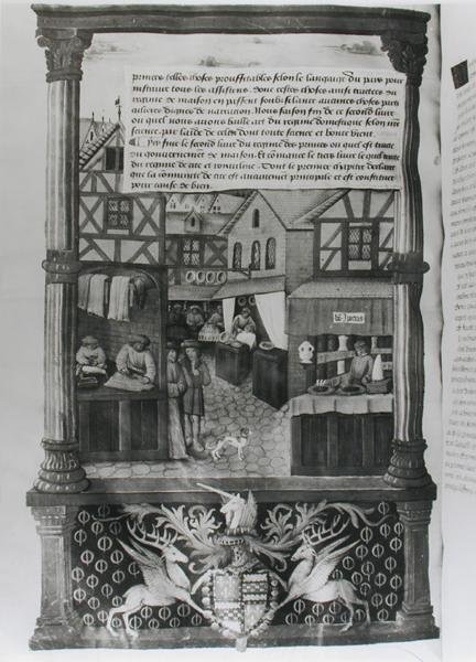 Ms 5062 fol.149v شارع فيه متاجر وشعار النبالة لروبرت ستيوارت ، Marechal dAubigny Lucrece ، من Livre de Gouvernement des Princes بواسطة Gilles de Rome بواسطة المدرسة الفرنسية