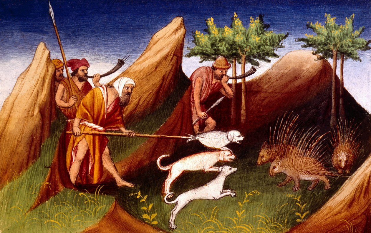 السيدة 2810 ص 18 ، مطاردة النيص في Badakhehan ، من Livre des Merveilles du Monde ، c.1410-12 (درجة الحرارة على الرق) بواسطة المدرسة الفرنسية