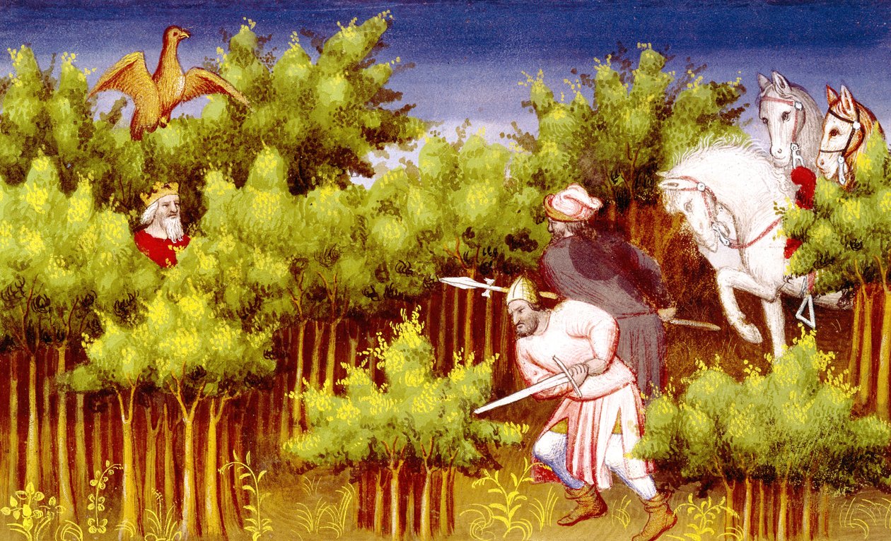 السيدة 2810 f.200v ، هرب جنكيز خان من أعدائه من خلال الاختباء في الأدغال ، من ليفر دي ميرفيل دو موند ، c.1410-12 (درجة الحرارة على الرق) بواسطة المدرسة الفرنسية