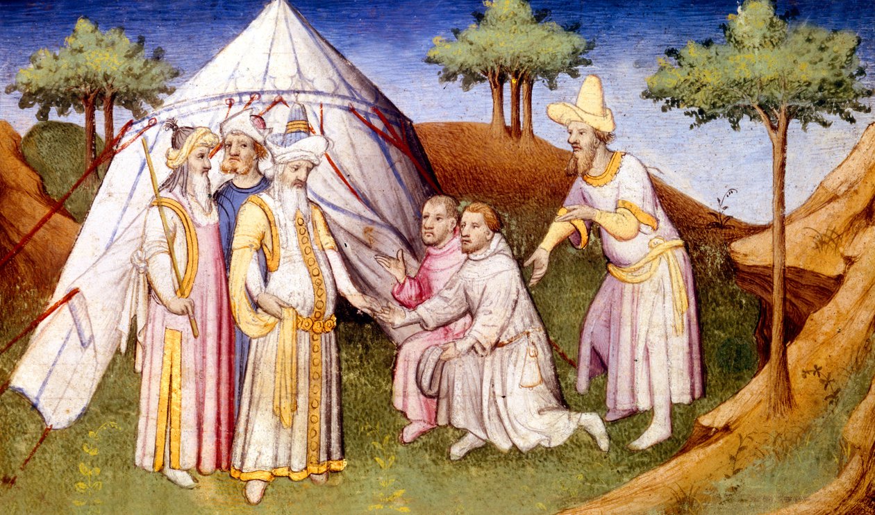 السيدة 2810 f.2v ، كوبلاي خان يستقبلها الإخوة بولو ، من ليفر دي ميرفيل دو موند ، c.1410-12 (درجة الحرارة على الرق) بواسطة المدرسة الفرنسية