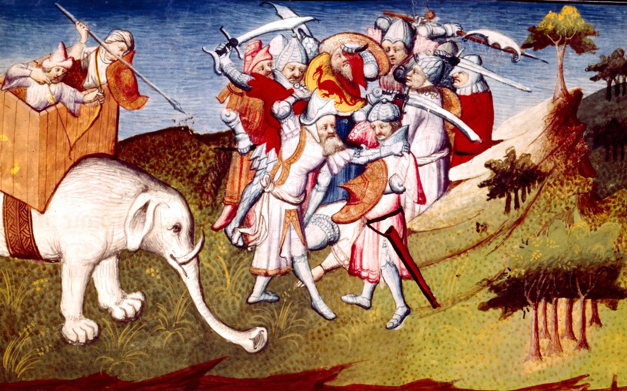 السيدة 2810 ص 33 ، ماركو بولو في المعركة بين جنكيز خان وعمه نورن ، رسم توضيحي من ليفر دي ميرفيل دو موند ، c.1410-12 (درجة الحرارة على الرق) بواسطة المدرسة الفرنسية