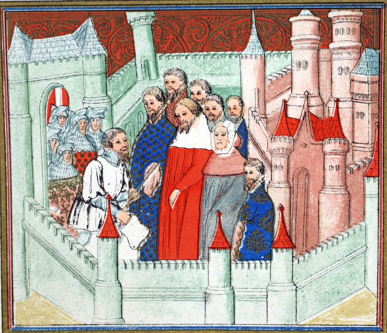 ريتشارد الثاني في قلعة فلينت حيث تم تسليمه سجينًا إلى Bolingbroke ، منافسه على العرش ، نسخة فاكس من Le Prinse et Mort du Roy Richart بواسطة جان كريتون ، أعيد طبعه القرن التاسع عشر (اللون بواسطة المدرسة الفرنسية