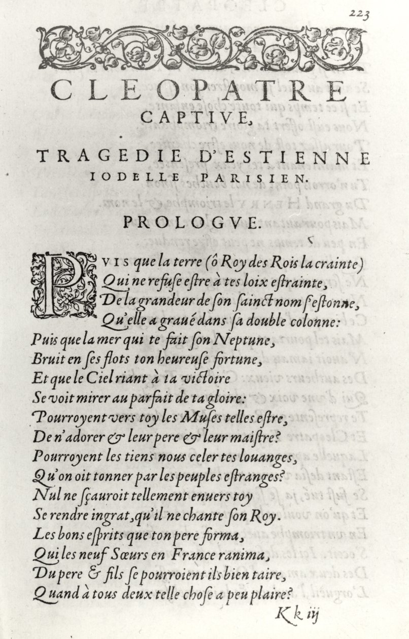 عنوان صفحة Cleopatre Captive ، بقلم إتيان جوديلي (1532-73) 1574 بواسطة المدرسة الفرنسية