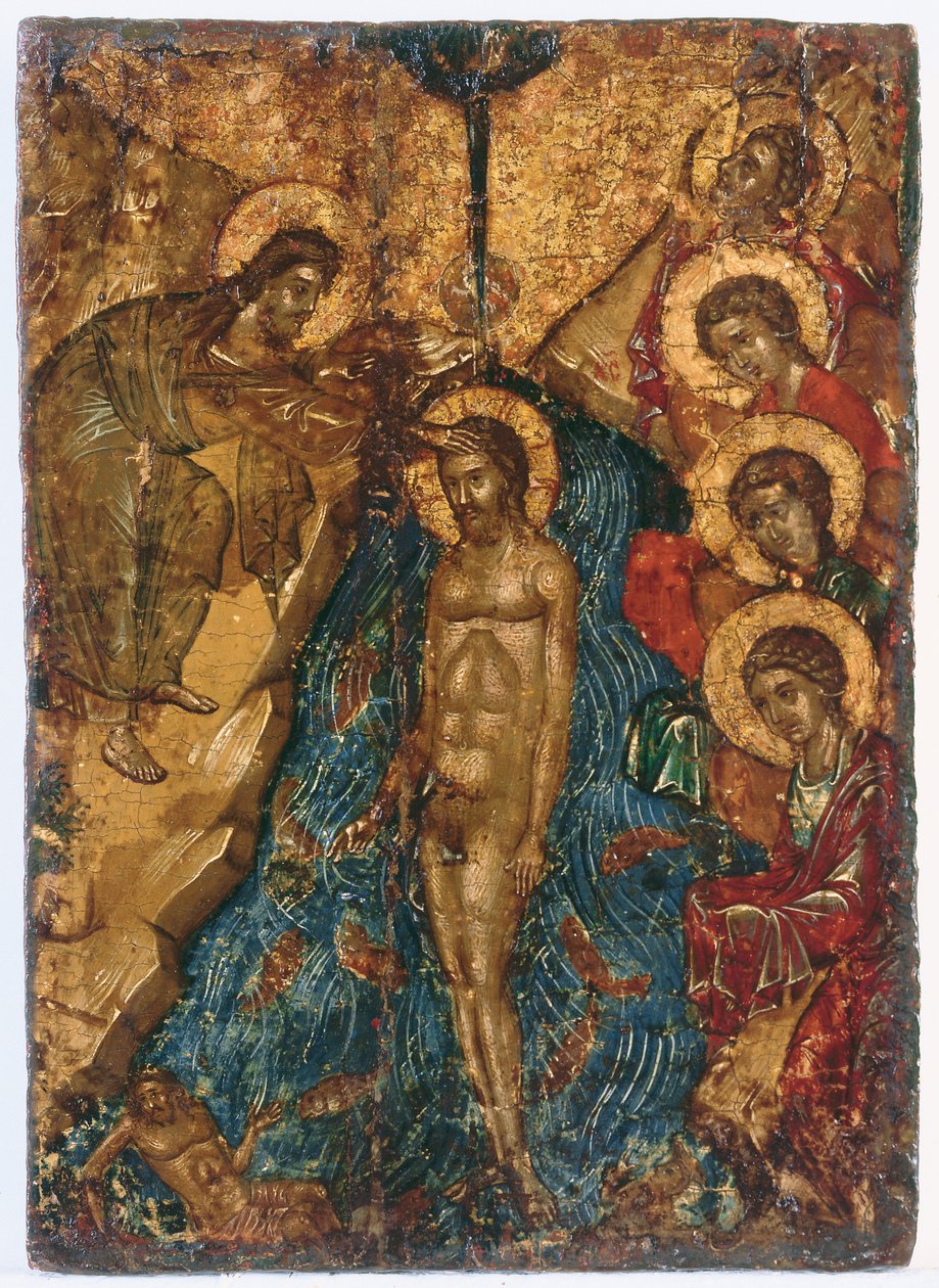 معمودية المسيح (Theophany) ، منتصف القرن السادس عشر (درجة الحرارة على اللوحة) بواسطة المدرسة اليونانية