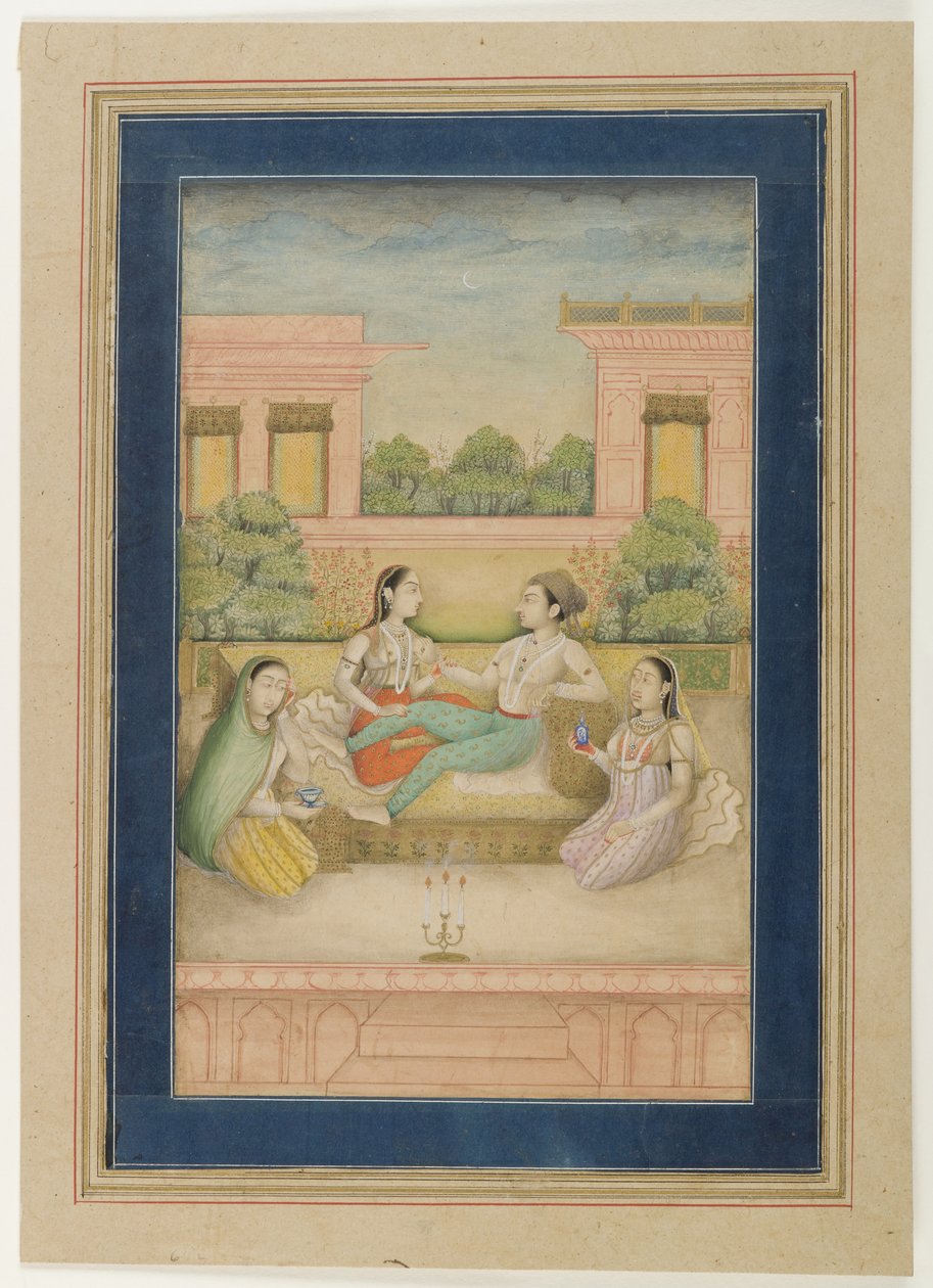 أمير وقرينته على شرفة ، c.1800 (مرحاض غير شفاف على الورق) بواسطة المدرسة الهندية