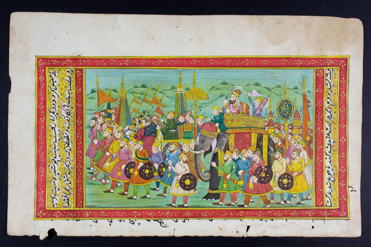 راكب كبير يركب على ظهر فيل في الحودة يحضره سائق ماهوت أو فيل ، راجاستاني رسم مصغر (مرحاض على ورق) بواسطة المدرسة الهندية