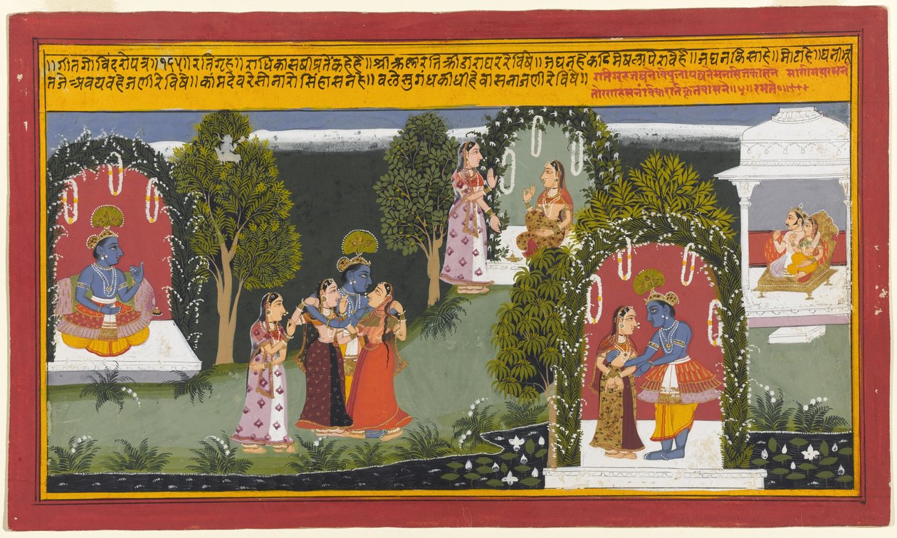 كاما وراتي يشهدان لم شمل كريشنا ورادها ، صفحة من سلسلة Gita Govinda ، 1714 (مرحاض غير شفاف وذهب على ورق) بواسطة المدرسة الهندية