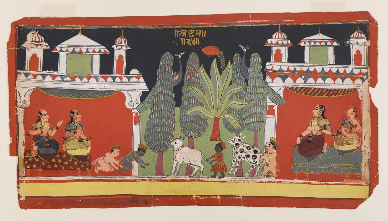 كريشنا وبالاراما عندما كانا طفلين ، 1690 ج (مرحاض غير شفاف وذهب على ورق) بواسطة المدرسة الهندية