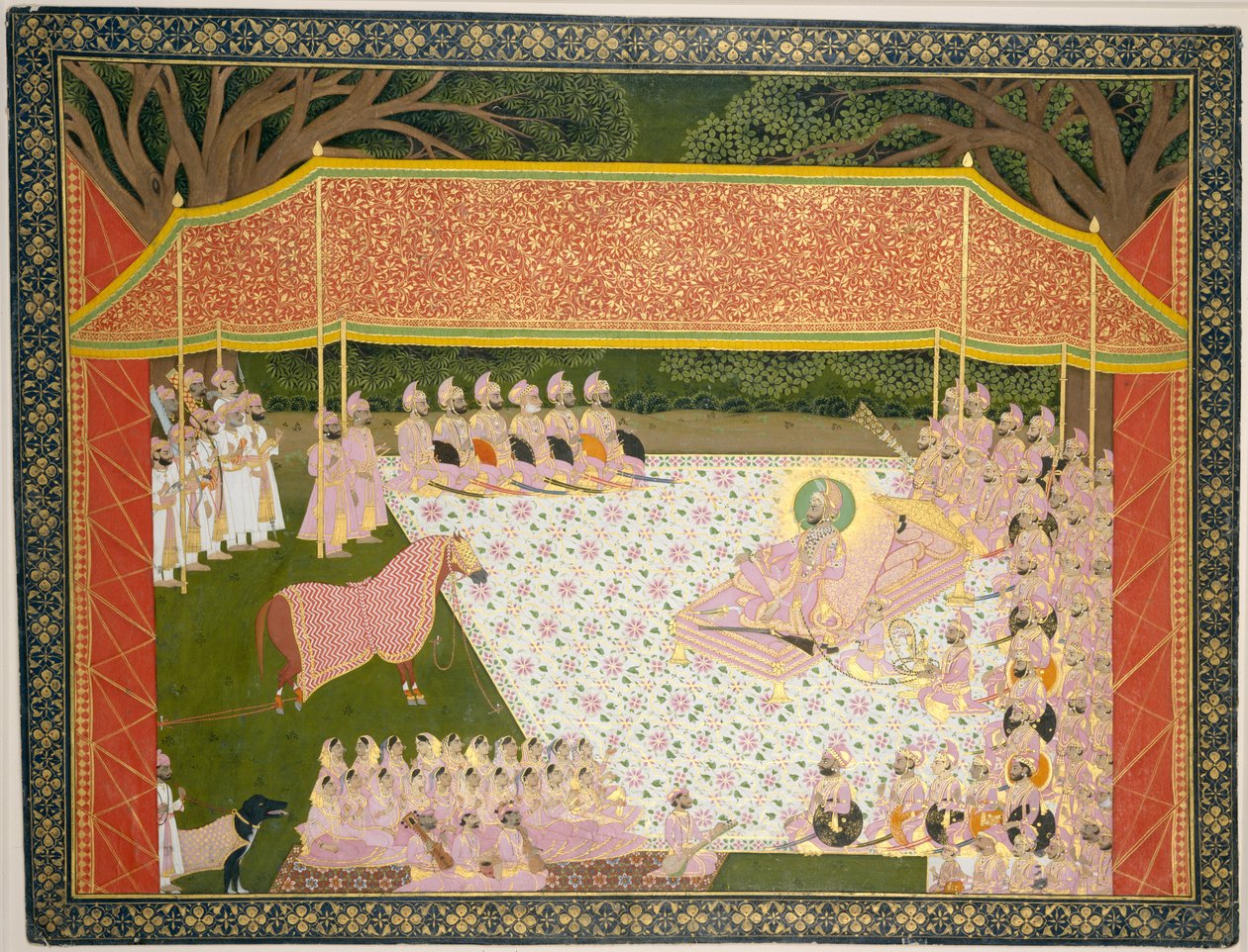 ماهارانا ساروب سينغ يتفقد حصان جائزة 1845-1846 (مرحاض ، حبر وذهب على ورق) بواسطة المدرسة الهندية