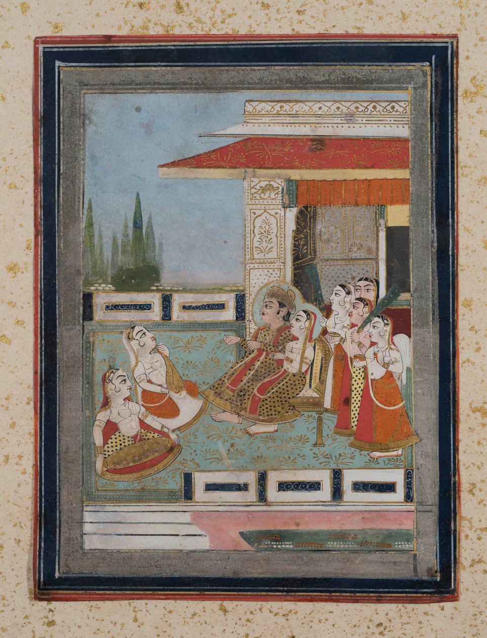 الأمير والأميرة يستمعون للموسيقيين ، 1840 (غواش على ورق ، تجميل ذهبي) بواسطة المدرسة الهندية