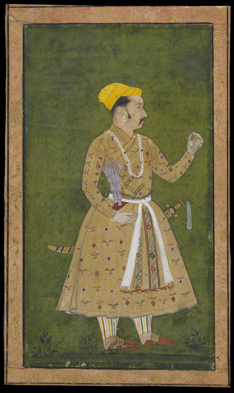 أمير يحمل زهرة ، ألبوم ألبوم منفصل مع لوحة ، c.1740 (ألوان مائية غير شفافة وذهب على ورق) بواسطة المدرسة الهندية
