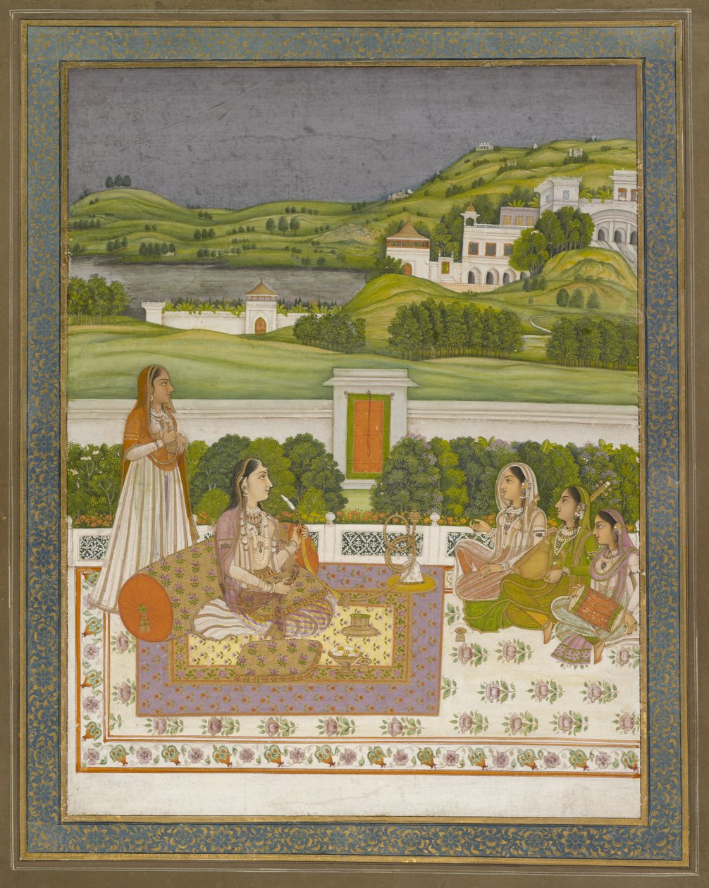 أميرة تستمع إلى الموسيقى ، 1775-80 (غواش بالذهب والفضة على الورق) بواسطة المدرسة الهندية