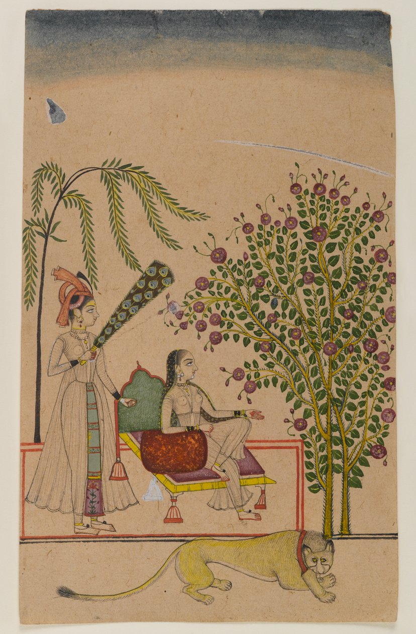 أميرة جالسة مع المصاحبة والأسد ، ج .1750 (مرحاض غير شفاف على الورق) بواسطة المدرسة الهندية