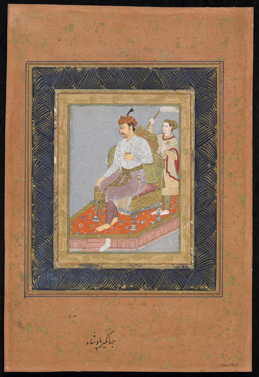 أمير جالس مع مرافق ، ألبوم ألبوم منفصل مع لوحة ، c.1900 (ألوان مائية مبهمة ، حبر ، وذهب على ورق) بواسطة المدرسة الهندية