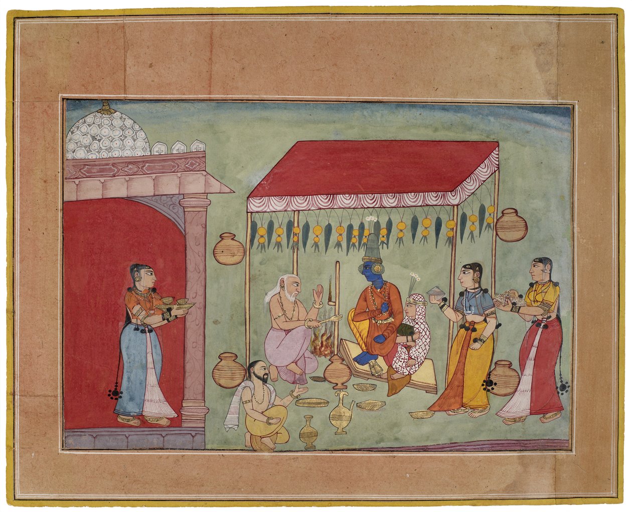 زواج كريشنا وروكميني ، 1590-1600 (غواش بالذهب على ورق) بواسطة المدرسة الهندية