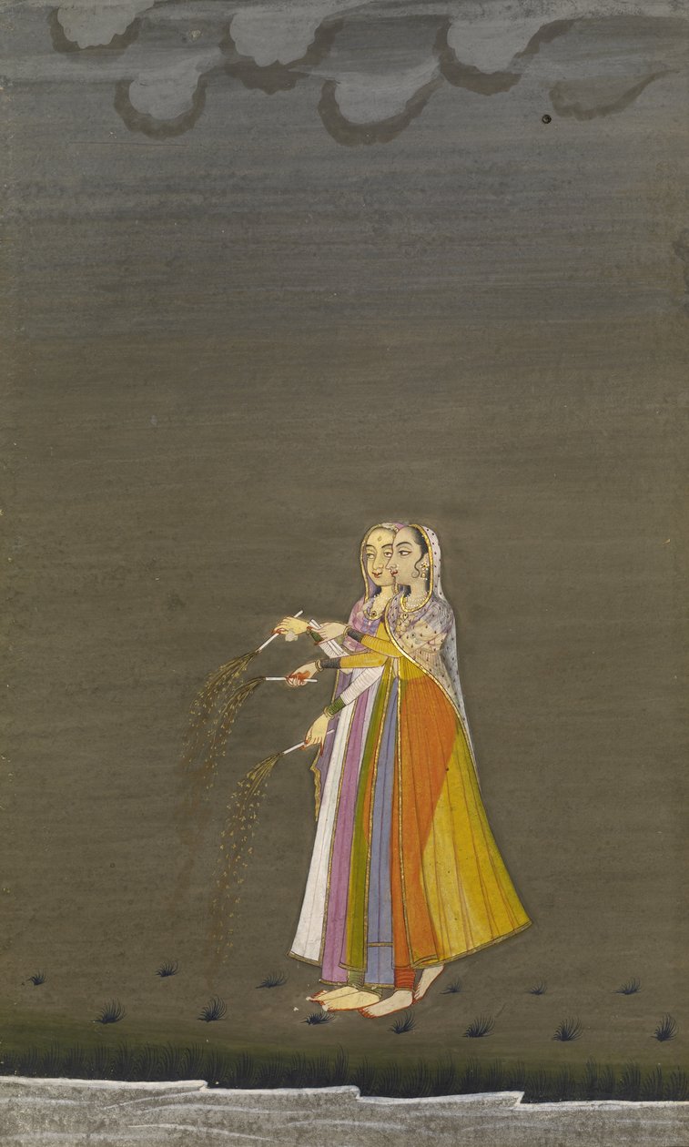 فتاتان من Nautch مع Sparklers بواسطة Stream on the Night of the Diwali Festival ، نمط Bikaner ، 1790-1800 (أوراق الألبوم ؛ الغواش بالفضة والذهب على الورق) بواسطة المدرسة الهندية