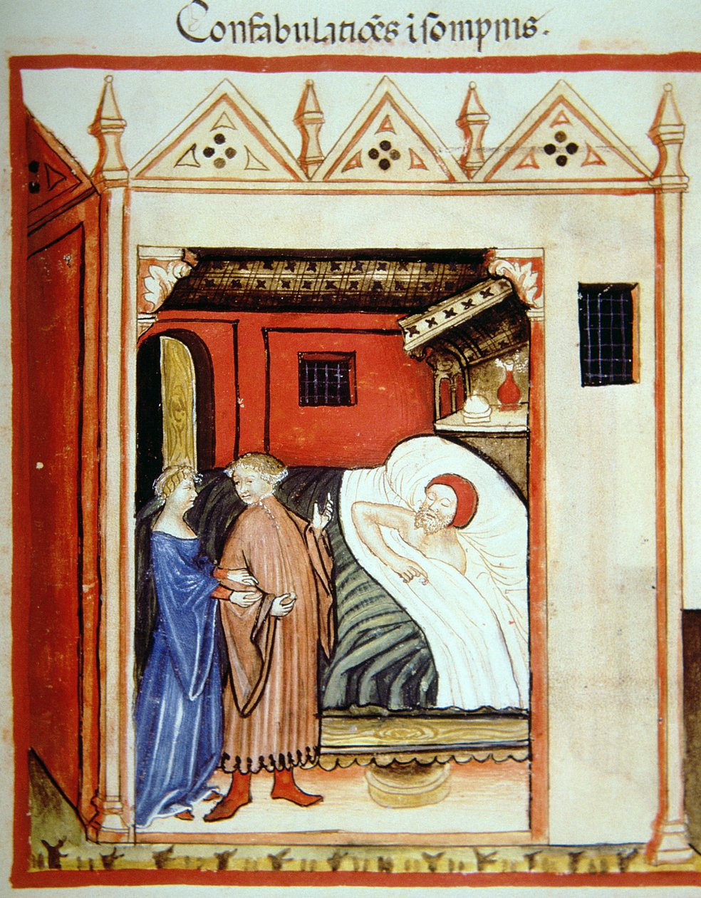 Fol.101v Sleeptalking ، رسم توضيحي من Tacuinum Santiatis Codex Vindobonensis بواسطة المدرسة الايطالية