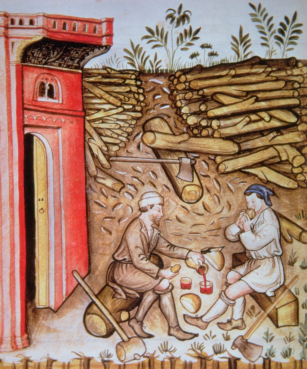 Fol.64r تناول الخبز وشرب النبيذ ، صورة توضيحية من Tacuinum Santiatis Codex Vindobonensis بواسطة المدرسة الايطالية