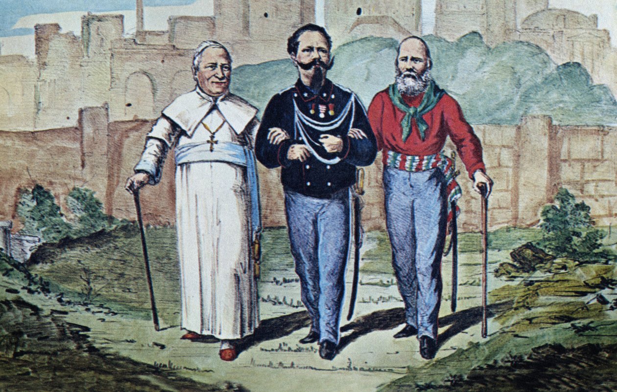 The Perfect Trinity: Pope Pius IX، Victor Emmanuel II and Garibaldi، 1870 (ألوان مائية) بواسطة المدرسة الايطالية