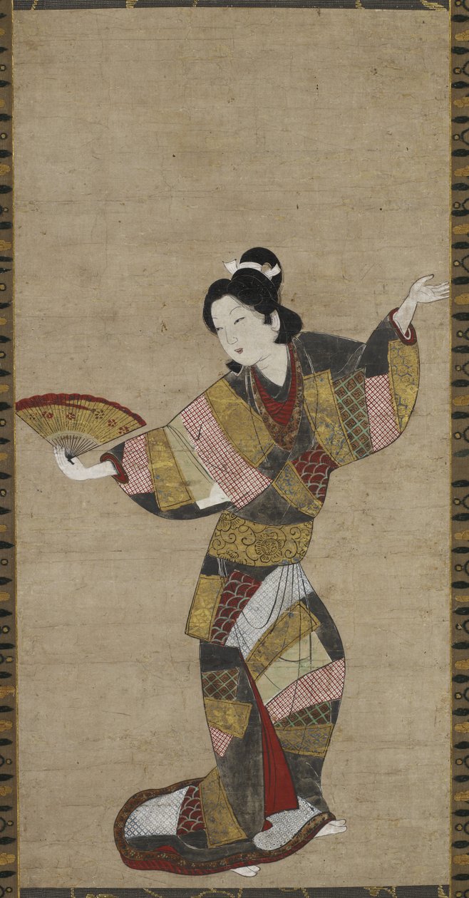راقصة مع مروحة ، ج. 1640-1650 (حبر ، ملون ، ذهبي ، وصدف أبيض على ورق) بواسطة المدرسة اليابانية