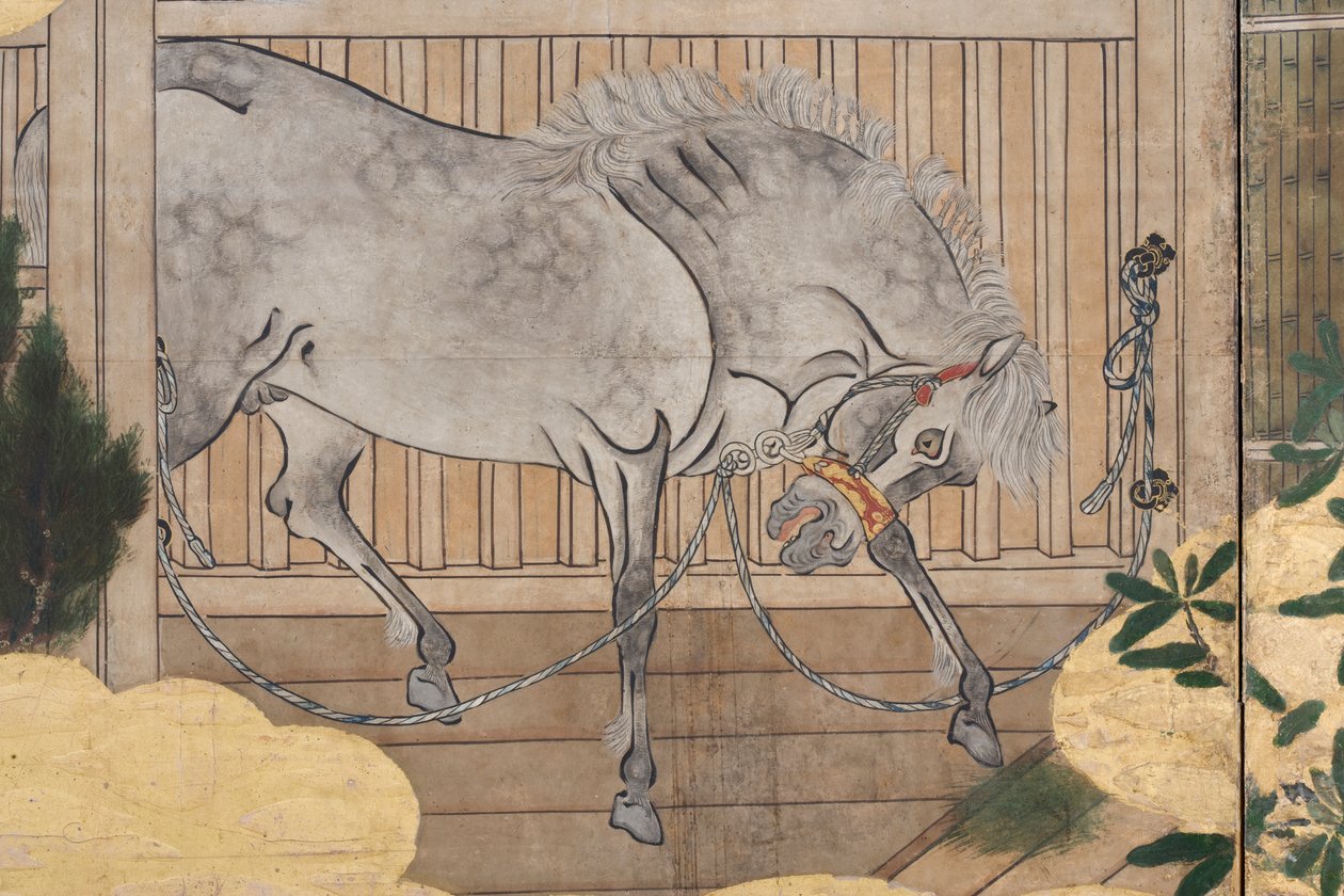 تفاصيل الربيع في القصر ، شاشة سداسية من حكاية جينجي ، c.1650 (حبر ، ألوان وذهب على ورق) بواسطة المدرسة اليابانية