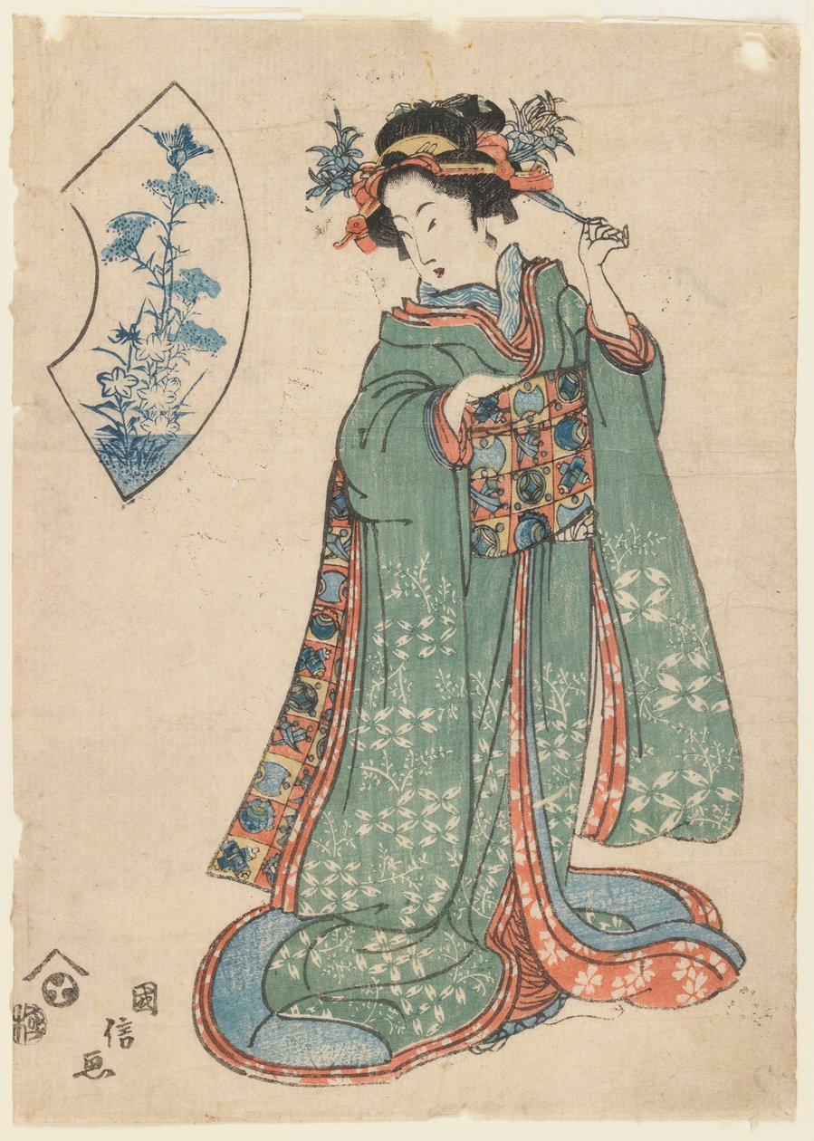 Kuninobu ، امرأة تثبت زخرفة شعرها ، c.1815-1820 (طبعة خشبية) بواسطة المدرسة اليابانية