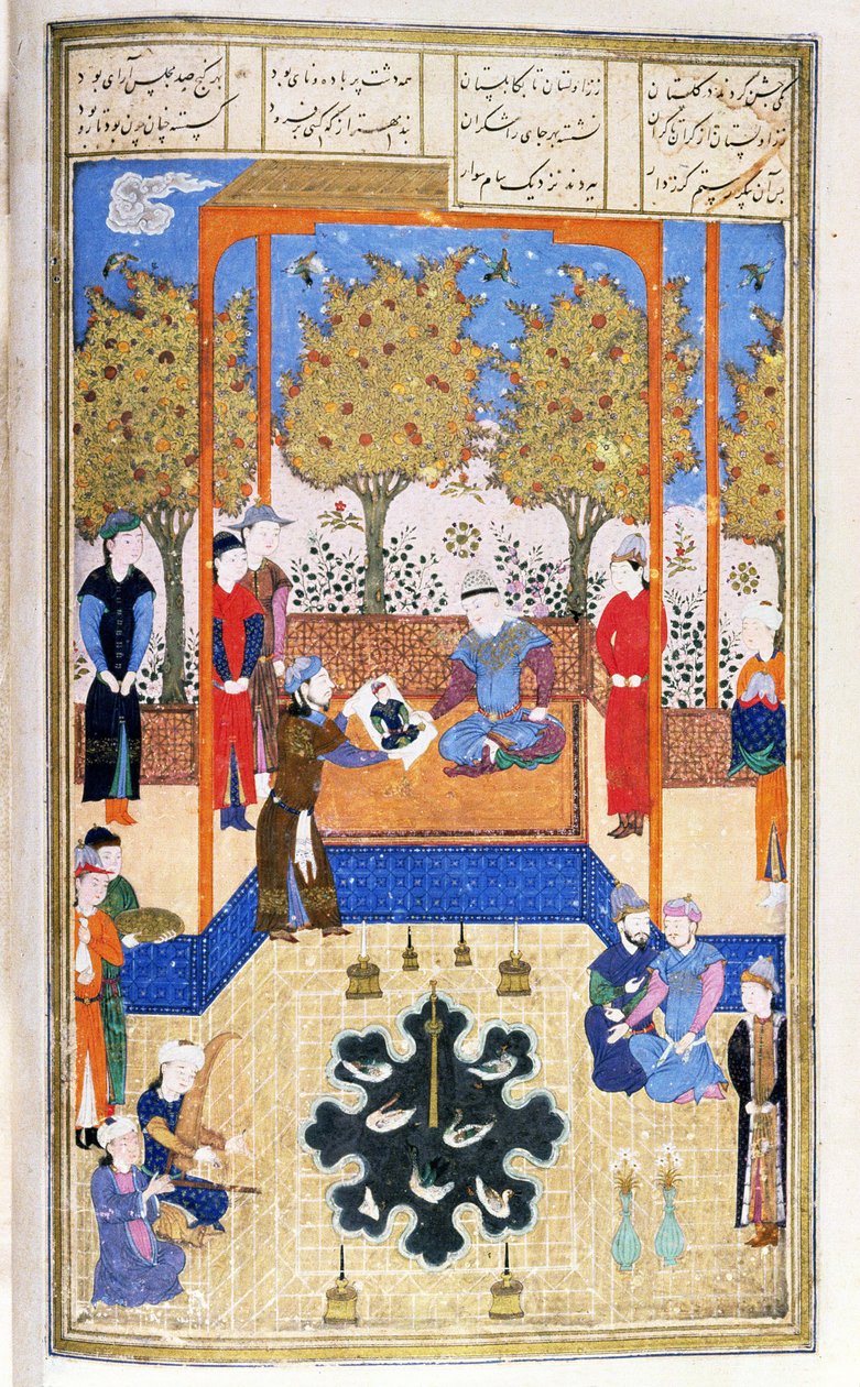 صورة الطفل ، رستم معروضة لجده سام ، رسم توضيحي من شاهناما (كتاب الملوك) ، بقلم أبو القاسم مانور فردوسي (c.934-c.1020) c.1440-45 (القلم والحبر والذهب على الرق) ) بواسطة المدرسة الفارسية