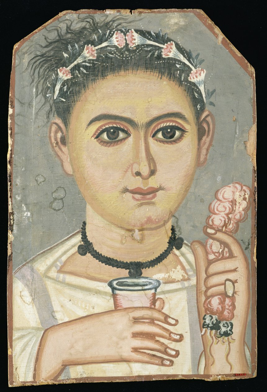 صورة لشاب: صبي يحمل إكليل من الزهور في شعره ، ربما من الروبيات ، الفيوم ، مصر ، c.200-230 (درجة حرارة على الخشب) بواسطة رواية