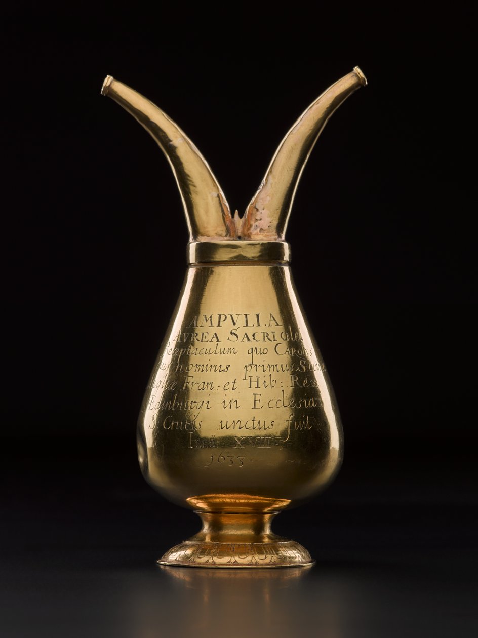 أمبولا التي احتوت على زيت المسحة المقدسة لتتويج تشارلز الأول (1600-49) في هوليرود هاوس في 18 يونيو 1633 ، ربما صنعه جيمس دينيستون ، الشماس من إدنبره دمج الذهب بواسطة المدرسة الاسكتلندية