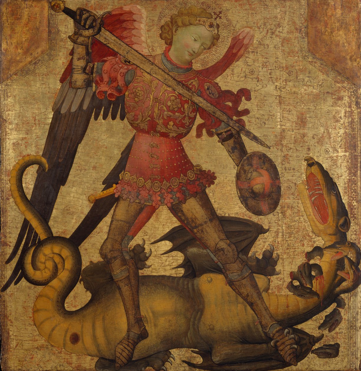 القديس ميخائيل والتنين ، c.1405 (تمبرا على الخشب والأرض الذهبية) بواسطة المدرسة الاسبانية