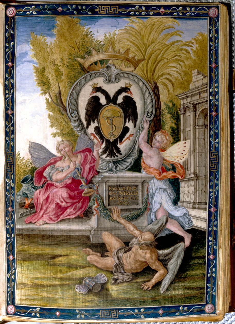 قمة عائلة نبيلة من بينيفينتو ، Pedicini: صفحة مضيئة من كتاب Missal المعروف باسم Dragone ، الموجود في Biblioteca Capitolare في Benevento بواسطة غير معروف