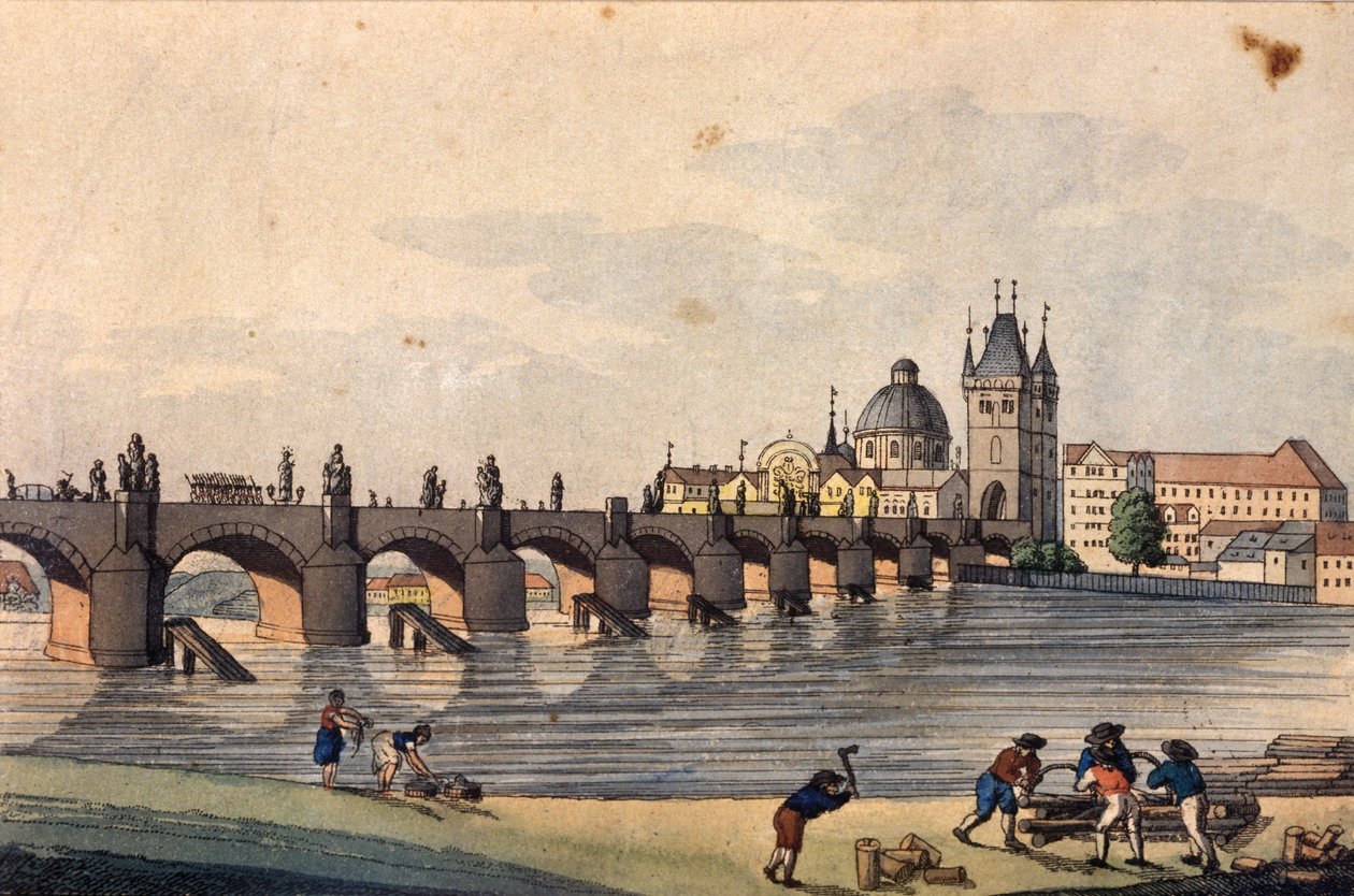منظر لجسر تشارلز من جزيرة كامبا ، براغ ، c.1810 (النقش الملون) بواسطة أ وبركا ، يوهان غوستاف