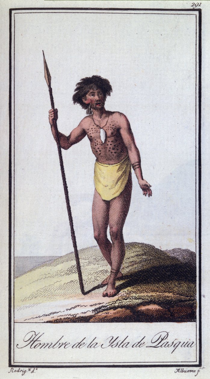 رجل من جزيرة الفصح ، نقش ألبورن ، 1799 نقش ملون بواسطة أ. رودريجيز