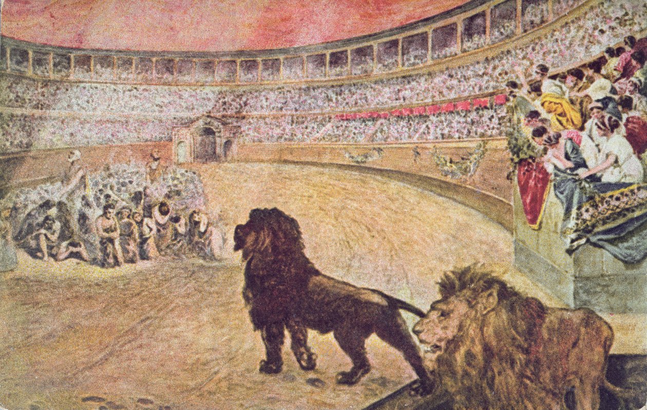 بطاقة بريدية تصور الشهداء المسيحيين في الساحة في روما ، ج .1910 بواسطة A. del Senno