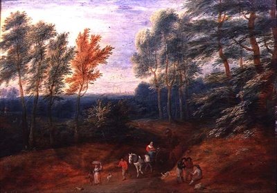 منظر طبيعي مشجر مع مسافرين في Haycart (زيت على لوح) بواسطة AF و Bouts P. Boudewyns