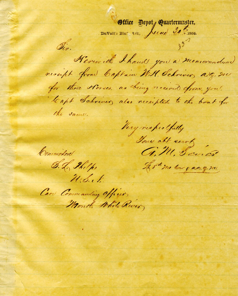 رسالة من AM Sevier ، Duvall's Bluff ، Arkansas ، إلى Seth Ledyard Phelps ، مصب White River ، 30 يونيو 1864 بواسطة صباحا سيفير