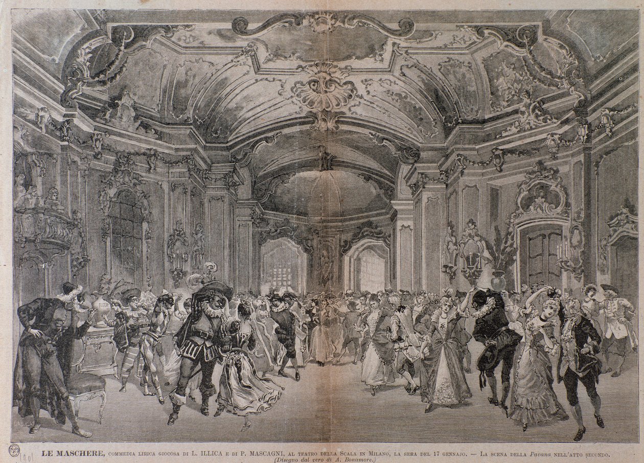 رسوم توضيحية لأوبرا Le Maschere بواسطة Pietro Mascagni للأداء في مسرح ألا سكالا في ميلانو بواسطة أ (بعد) بونامور