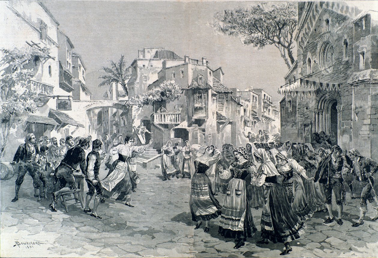 المشهد الأخير من Cavalleria rusticana ، أوبرا ماسكاني ، في مسرح ألا سكالا في عام 1891 بواسطة أ (بعد) بونامور