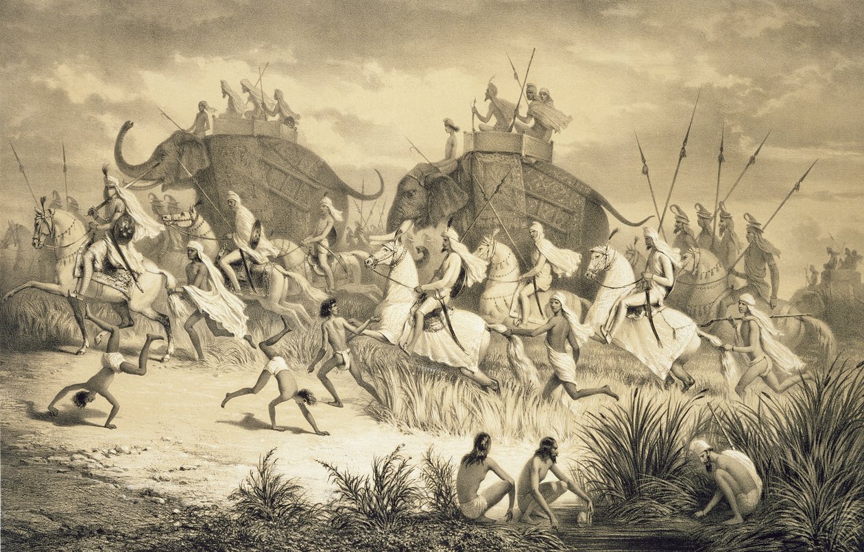 موكب مشايخ السيخ على الفيلة ، من "رحلة في الهند" ، نقش بواسطة حانة لويس هنري دي رودر (1807-1881). في لندن بواسطة أ (بعد) سولتيكوف