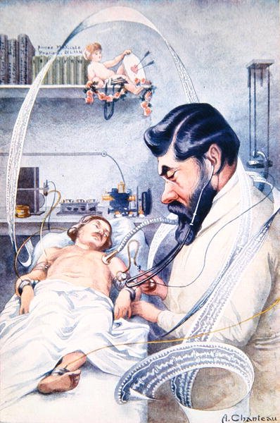 البروفيسور كميل ليان (1882-1969) يفحص مريض بكل معداته ، من "Chanteclair" ، أكتوبر 1928 (لون ليثو) بواسطة أ. شانتو
