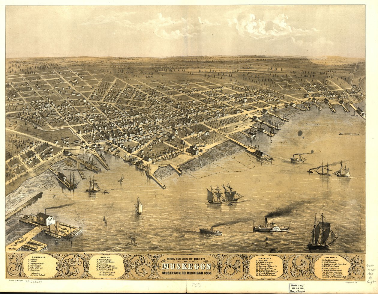 منظر من الأعلى لمدينة Muskegon ، شركة Muskegon ، ميشيغان 1868. بواسطة أ؛ شركة شيكاغو للطباعة الحجرية روجر