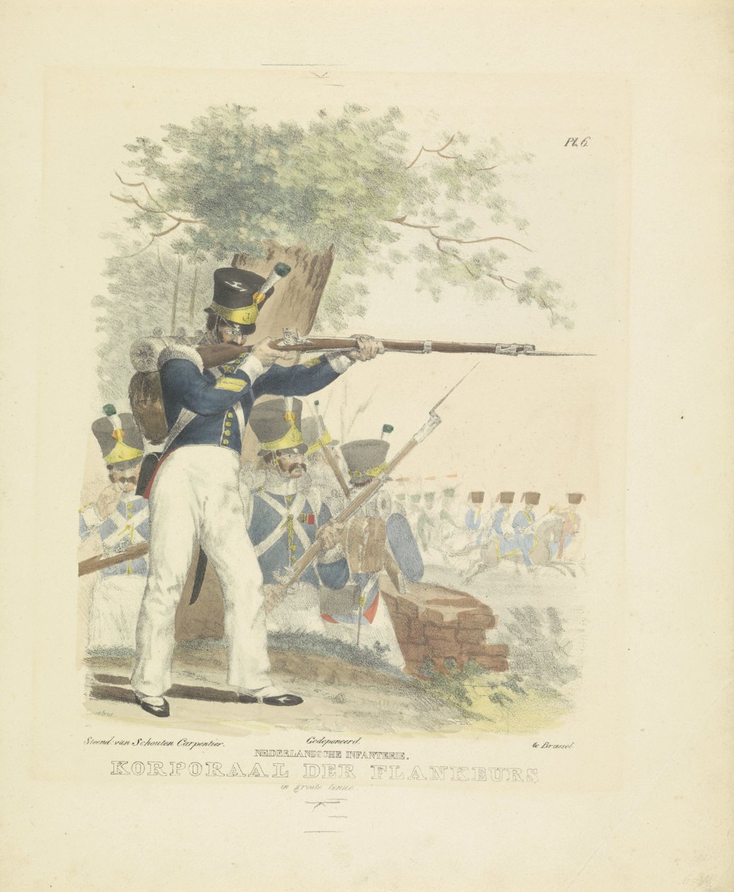 فلانكور بالزي الكامل ، 1820-1825 المشاة الهولندية. عريف للجنود يرتدون الزي الكامل (العنوان على الجسم) الأزياء العسكرية لمملكة هولندا. إهداء لسعادة ويليم فان بيلاندت (عنوان المسلسل على الكائن) بواسطة كورتوا